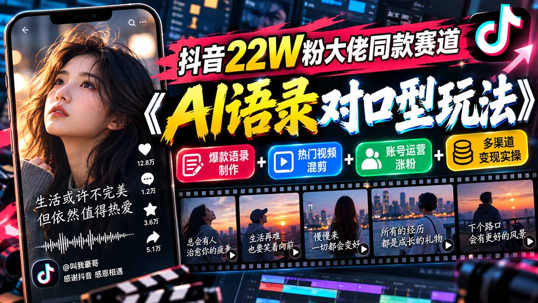 抖音22W粉大佬同款赛道《AI语录对口型玩法》：爆款语录制作+热门视频混剪+账号运营涨粉+多渠道变现实操-heixxmi
