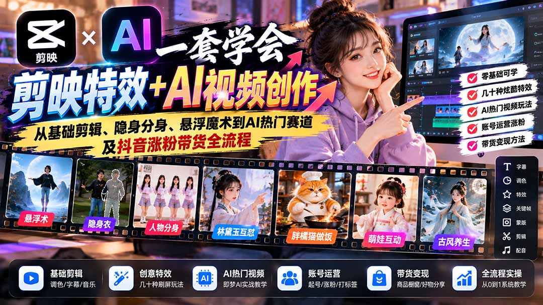 一套学会剪映特效+AI视频创作：从基础剪辑、隐身分身、悬浮魔术到AI热门赛道及抖音涨粉带货全流程-heixxmi