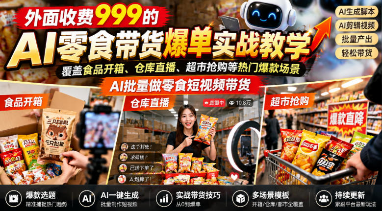 外面收费999的AI零食带货爆单实战教学，覆盖食品开箱、仓库直播、超市抢购等热门爆款场景，AI批量做零食短视频带货-heixxmi