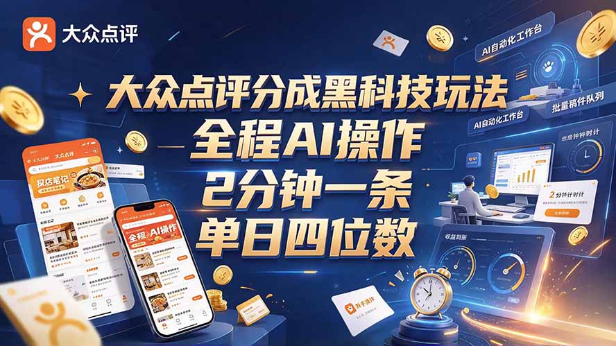 大众点评分成全网独家玩法，AI 全自动出内容，2 分钟一条，小白可冲单日四位数-heixxmi