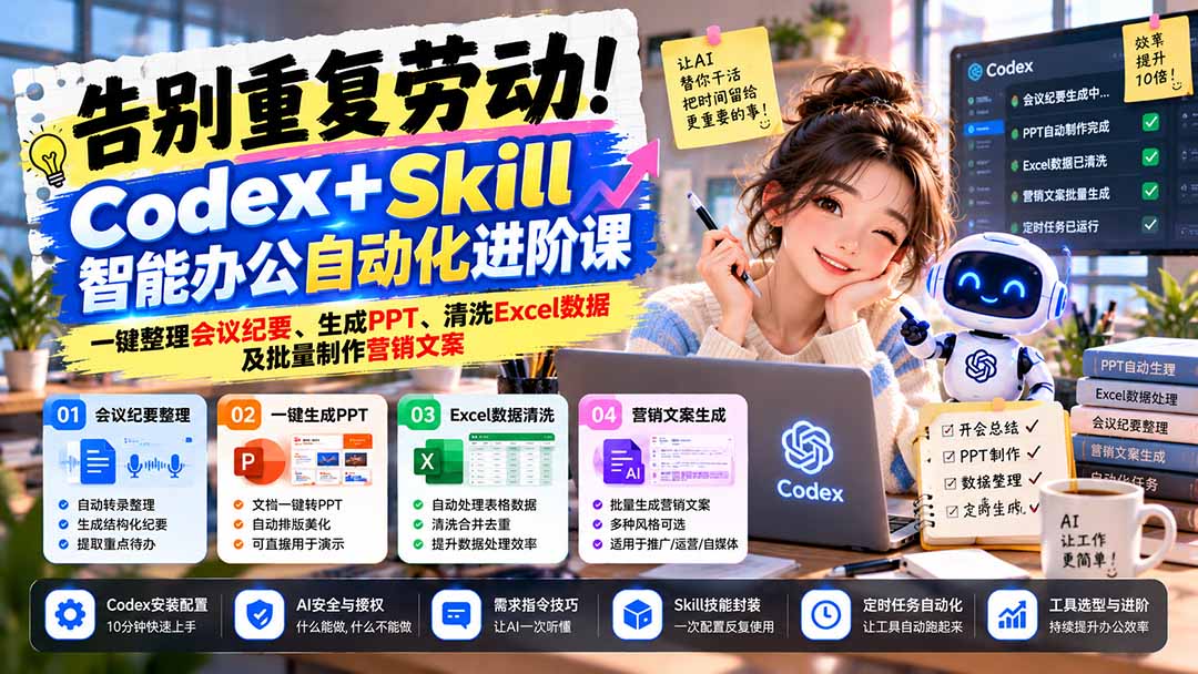 告别重复劳动！Codex+Skill智能办公自动化进阶课：一键整理会议纪要、生成PPT、清洗Excel数据及批量制作营销文案-heixxmi