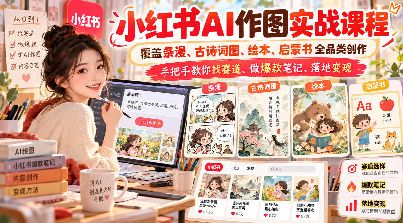 小红书AI作图实战课程，覆盖条漫、古诗词图、绘本、启蒙书全品类创作，手把手教你找赛道、做爆款笔记、落地变现(更新1017)-heixxmi
