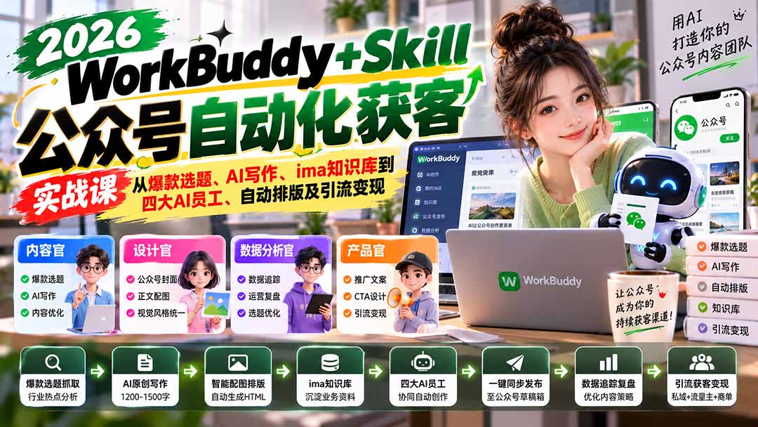 WorkBuddy + Skill公众号自动化获客实战课：从爆款选题、AI写作、ima知识库到四大AI员工、自动排版及引流变现-heixxmi