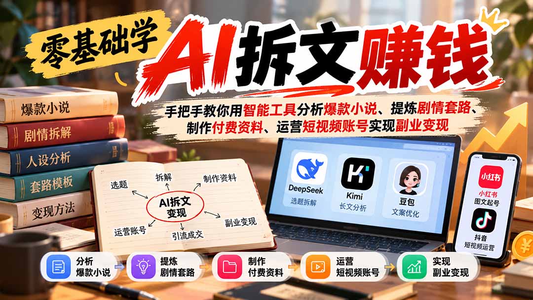 零基础学AI拆文赚钱：手把手教你用智能工具分析爆款小说、提炼剧情套路、制作付费资料、运营短视频账号实现副业变现-heixxmi