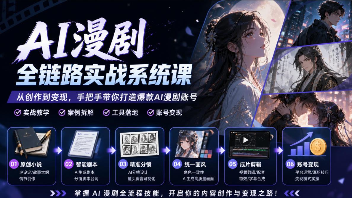 AI漫剧全链路实战系统课｜原创小说、智能剧本、精准分镜、统一画风、成片剪辑、账号变现实操教学(更新1018)-heixxmi