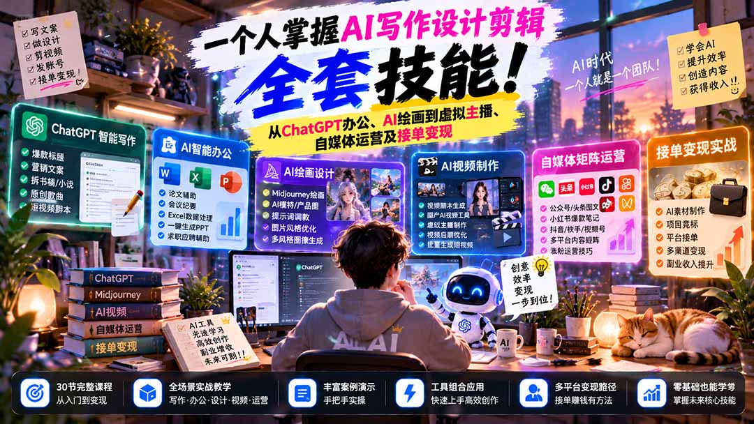 一个人掌握AI写作设计剪辑全套技能：从ChatGPT办公、AI绘画到虚拟主播、自媒体运营及接单变现-heixxmi