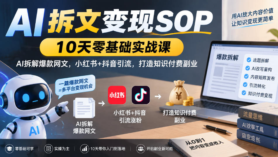 AI拆文变现SOP｜10天零基础实战课，AI拆解爆款网文，小红书+抖音引流，打造知识付费副业-heixxmi