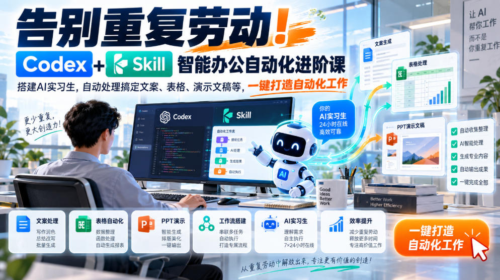告别重复劳动！Codex+Skill智能办公自动化进阶课｜搭建AI实习生，自动处理搞定文案、表格、演示文稿等，一键打造自动化工作-heixxmi