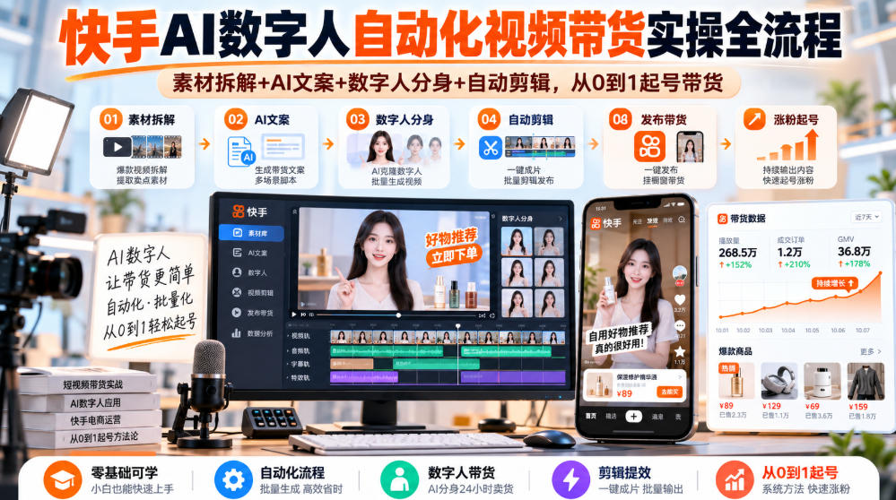 快手AI数字人自动化视频带货实操全流程｜素材拆解+AI文案+数字人分身+自动剪辑，从0到1起号带货(更新26年)-heixxmi