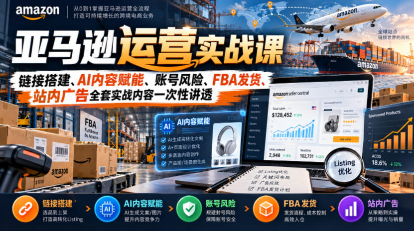 亚马逊运营实战课，链接搭建、AI内容赋能、账号风险、FBA发货、站内广告全套实战内容一次性讲透-heixxmi
