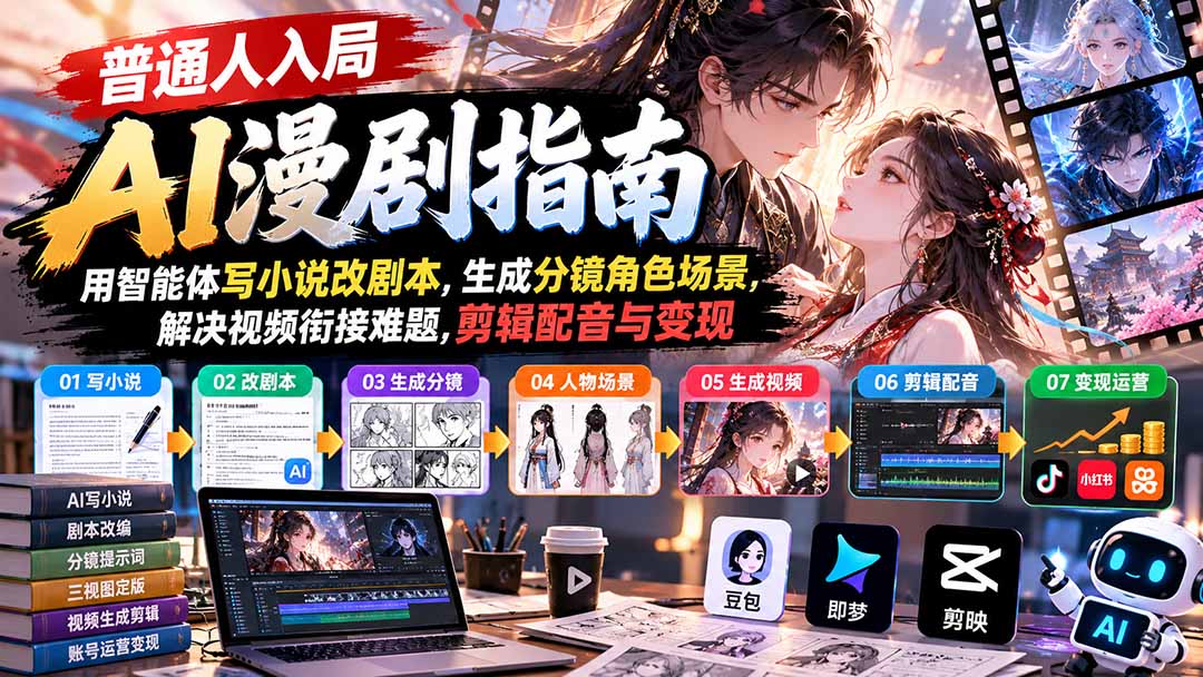 【无水印】普通人入局AI漫剧指南：用智能体写小说改剧本，生成分镜角色场景，解决视频衔接难题，剪辑配音与变现-heixxmi