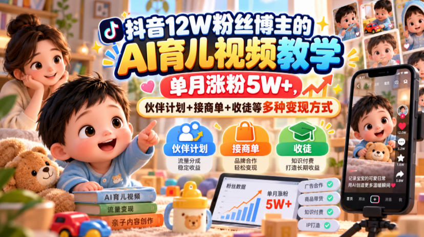 抖音12W粉丝博主的AI育儿视频教学，单月涨粉5W+，伙伴计划+接商单+收徒等多种变现方式-heixxmi