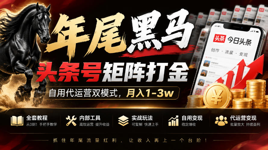 【年尾黑马】头条号矩阵打金，自用代运营双模式，月入1-3w，附全套教程及内部工具【揭秘】-heixxmi