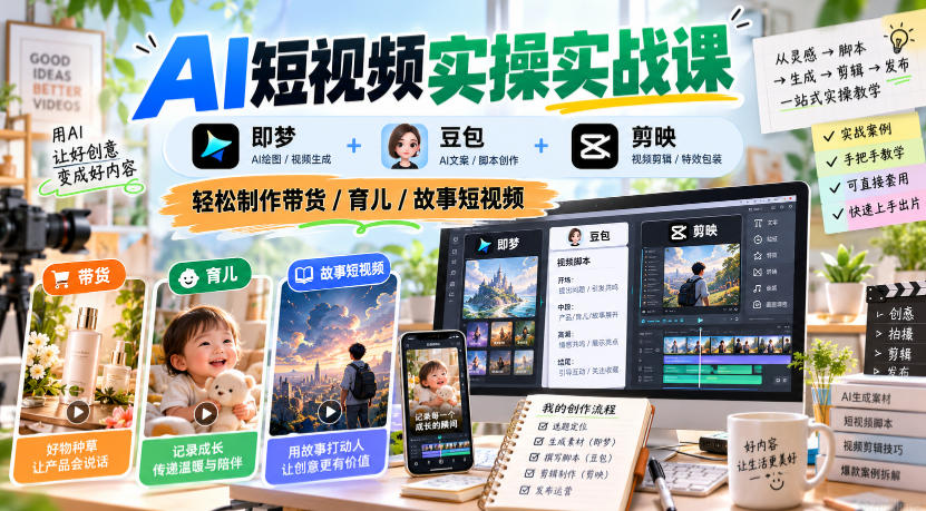 AI短视频实操实战课，即梦+豆包+剪映，轻松制作带货/育儿/故事短视频-heixxmi