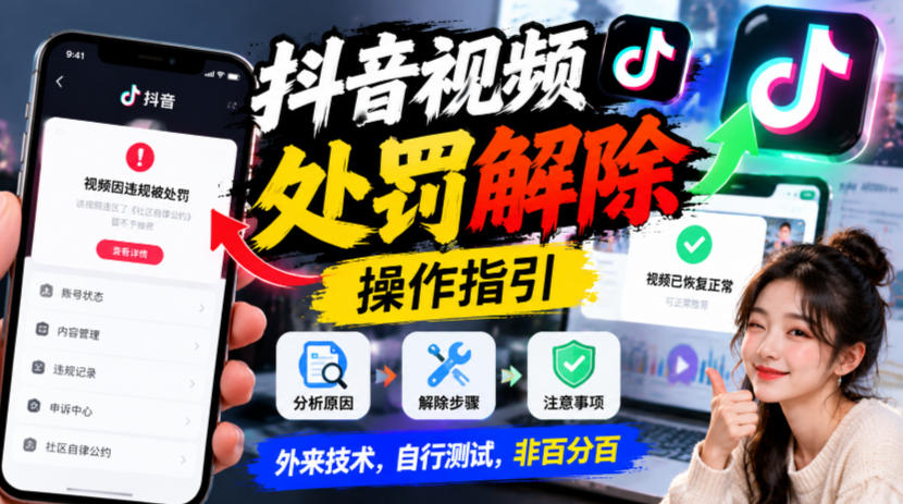 抖音视频处罚解除操作指引，外来技术，自行测试，非百分百-heixxmi