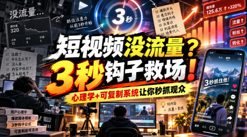 【无水印】短视频没流量？3秒钩子救场！心理学+可复制系统让你秒抓观众【原创双语字幕】-heixxmi