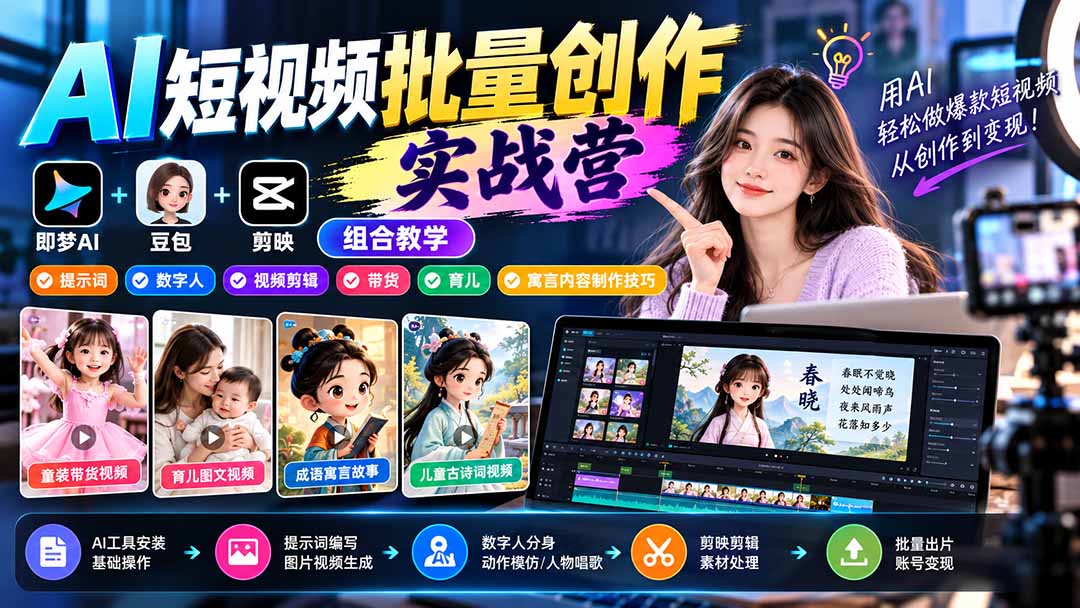 【无水印】AI短视频批量创作实战营：即梦+豆包+剪映组合教学，提示词/数字人/视频剪辑/带货/育儿/寓言内容制作技巧-heixxmi