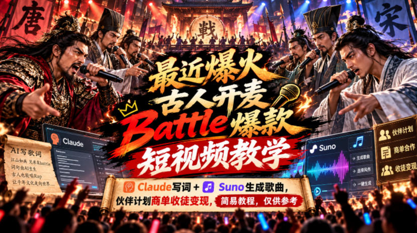 最近爆火古人开麦Battle爆款短视频教学，Claude写词+Suno生成歌曲，伙伴计划商单收徒变现，简易教程，仅供参考-heixxmi