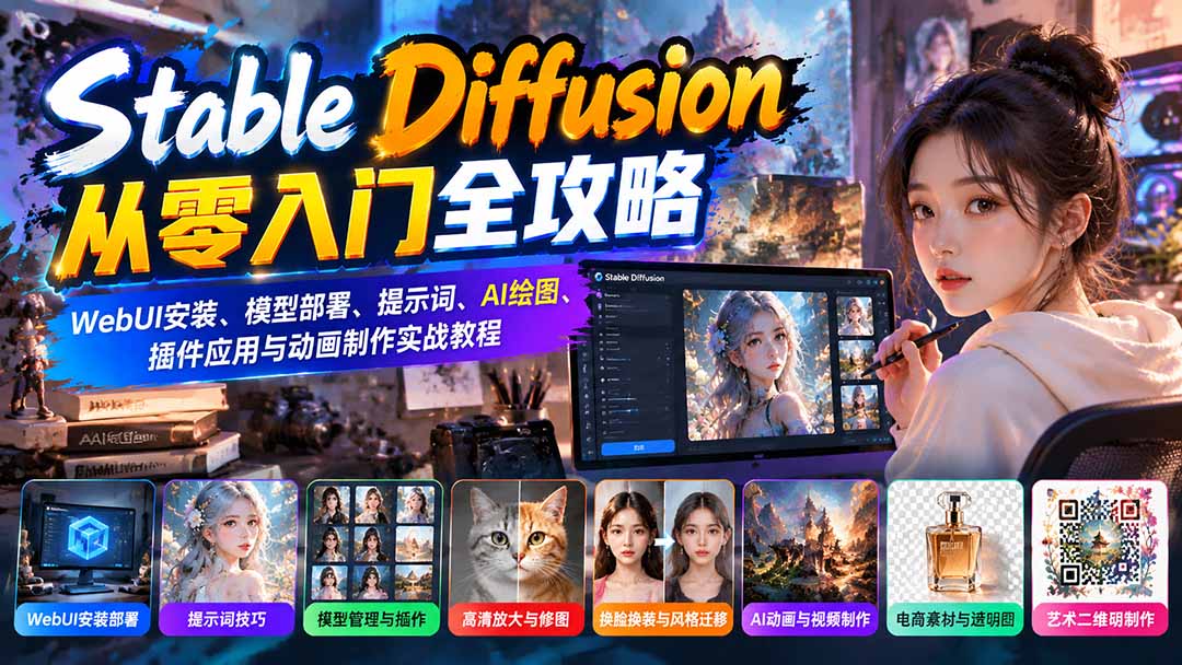 Stable Diffusion从零入门全攻略：WebUI安装、模型部署、提示词、AI绘图、插件应用与动画制作实战教程-heixxmi