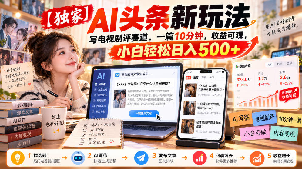 【独家】AI头条新玩法，写电视剧评赛道，一篇10分钟，收益可观，小白轻松日入500+-heixxmi