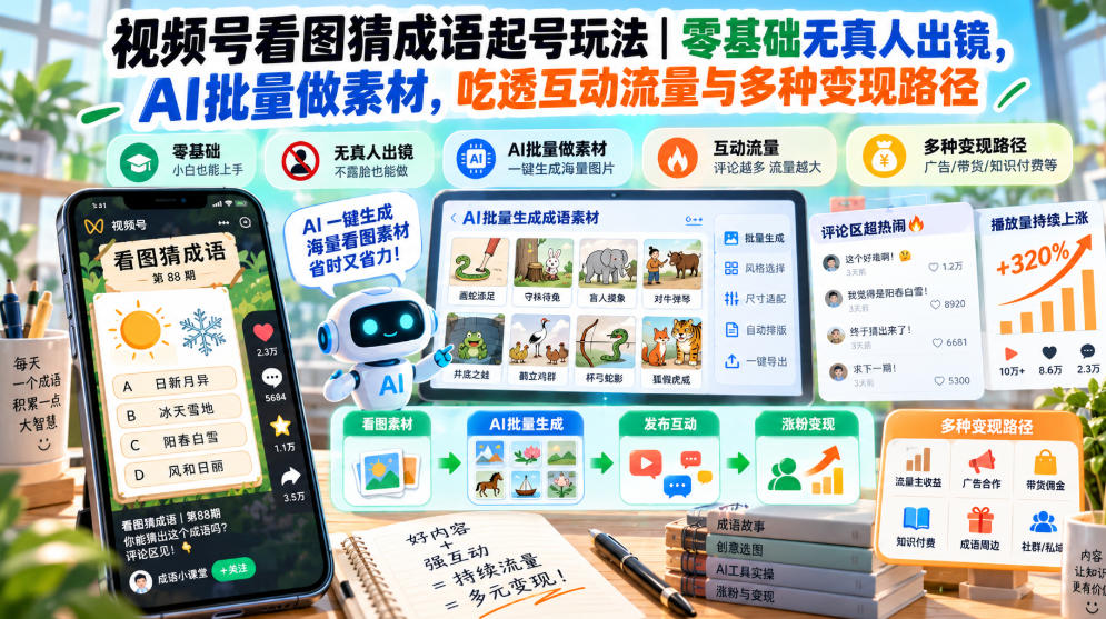 视频号看图猜成语起号玩法｜零基础无真人出镜，AI批量做素材，吃透互动流量与多种变现路径-heixxmi