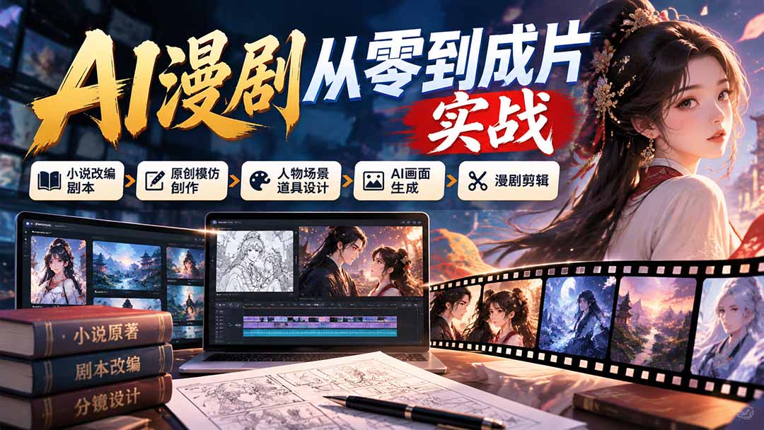 AI漫剧从零到成片实战：小说改编剧本、原创模仿创作、人物场景道具设计、AI画面生成与漫剧剪辑-heixxmi