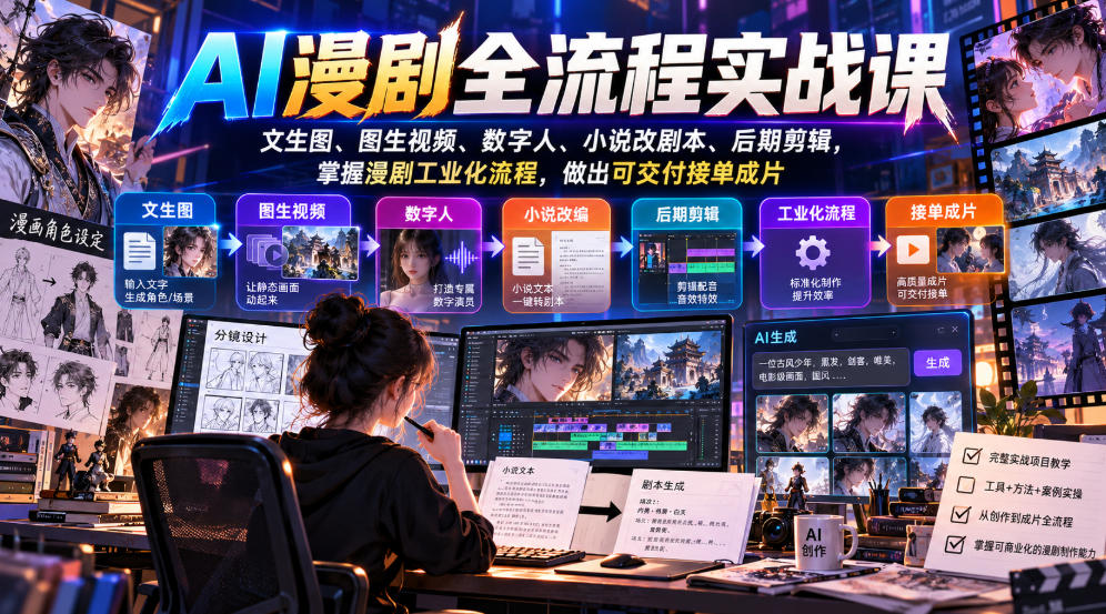 AI漫剧全流程实战课，文生图、图生视频、数字人、小说改剧本、后期剪辑，掌握漫剧工业化流程，做出可交付接单成片-heixxmi