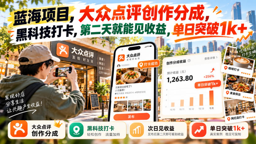蓝海项目，大众点评创作分成，黑科技打卡，第二天就能见收益，单日突破1k+【揭秘】-heixxmi
