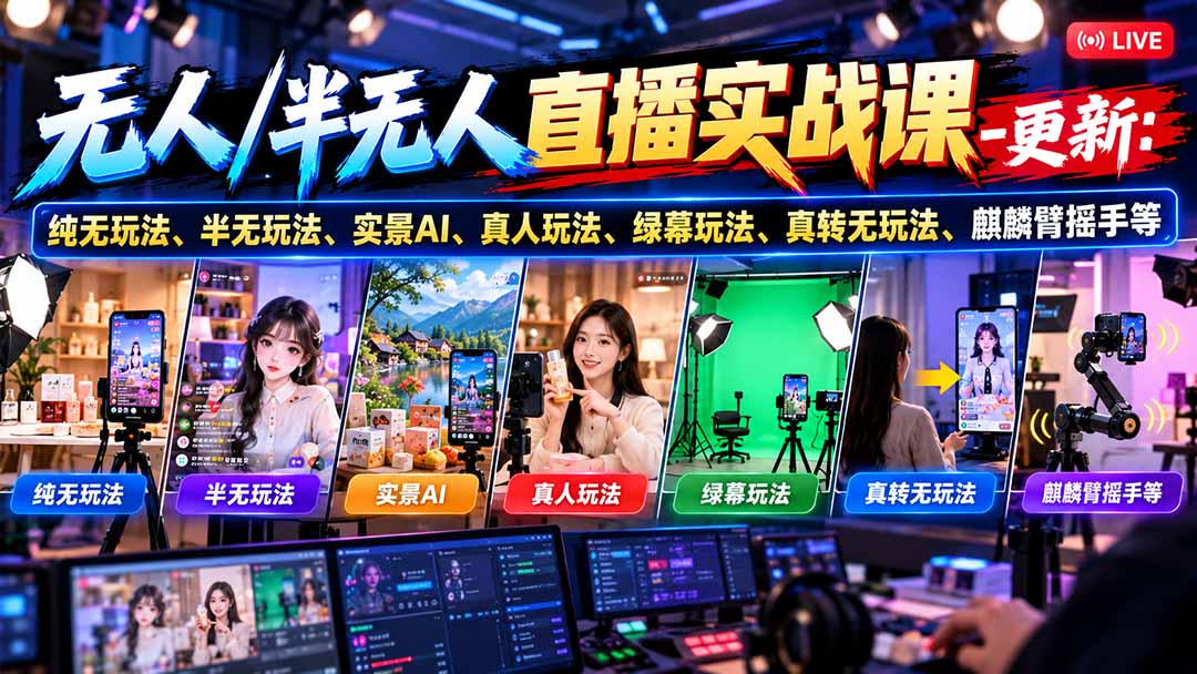 无人/半无人直播实战课-10月20更新：纯无玩法、半无玩法、实景AI、真人玩法、绿幕玩法、真转无玩法、麒麟臂摇手等-heixxmi