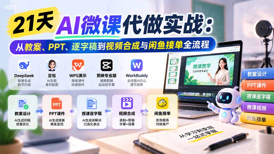 21天AI微课代做实战：从教案、PPT、逐字稿到视频合成与闲鱼接单全流程-heixxmi