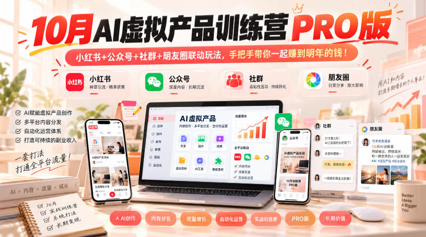 10月AI虚拟产品训练营PRO版，小红书+公众号+社群+朋友圈联动玩法，手把手带你一起赚到明年的钱！-heixxmi