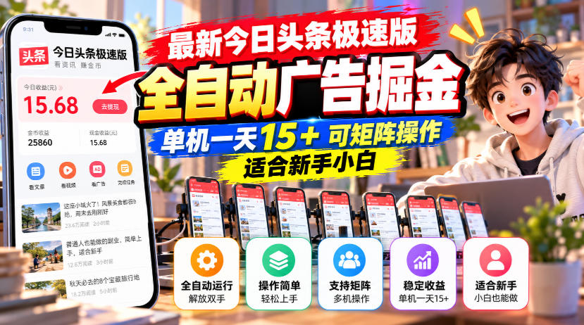 最新今日头条极速版全自动广告掘金，单机一天15+可矩阵操作适合新手小白-heixxmi