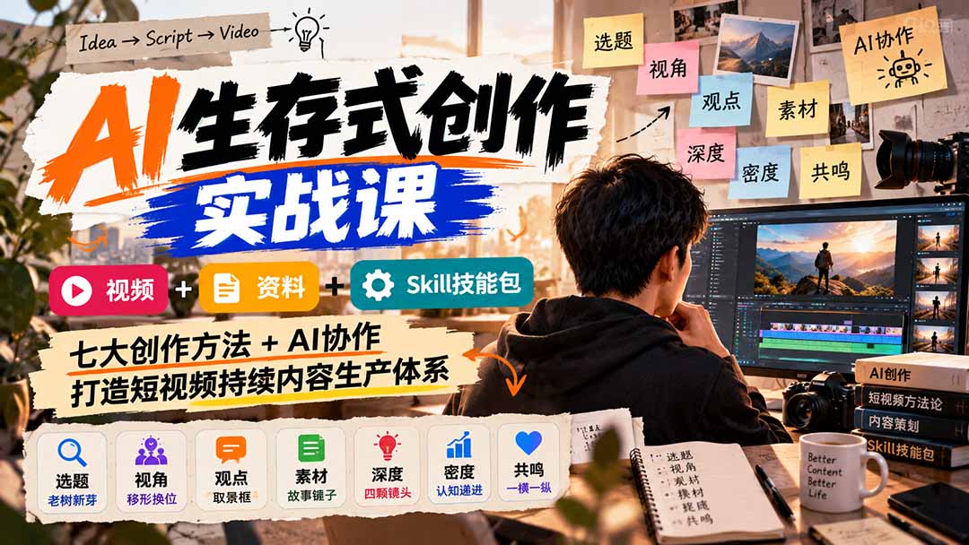 AI生存式创作实战课：视频+资料+Skill技能包，七大创作方法+AI协作，打造短视频持续内容生产体系-heixxmi