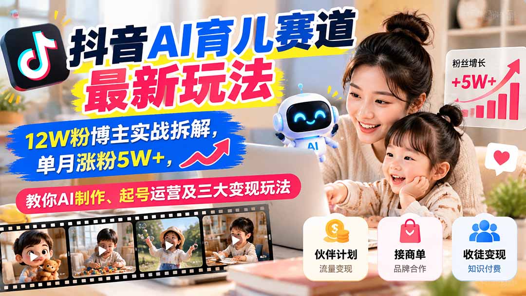 抖音AI育儿赛道最新玩法：12W粉博主实战拆解，单月涨粉5W+，教你AI制作、起号运营及三大变现玩法-heixxmi