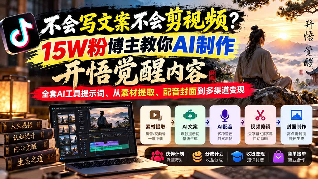 不会写文案不会剪视频？15W粉博主教你AI制作开悟觉醒内容，全套AI工具提示词、从素材提取、配音封面到多渠道变现-heixxmi