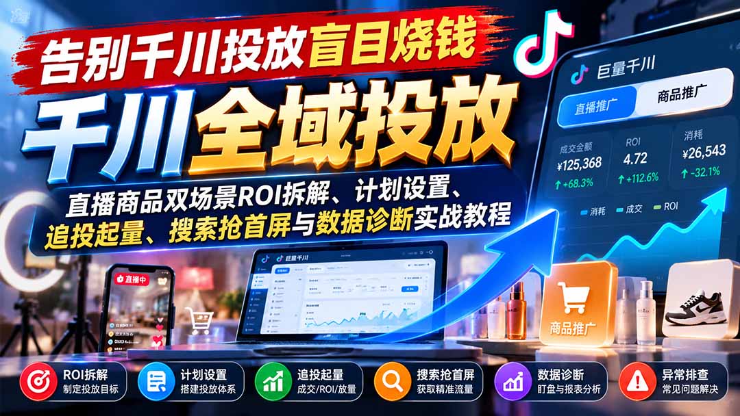 告别千川投放盲目烧钱：直播商品双场景ROI拆解、计划设置、追投起量、搜索抢首屏与数据诊断实战教程-heixxmi