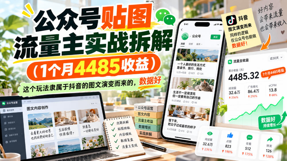 公众号贴图流量主实战拆解(1个月4485收益),这个玩法隶属于抖音的图文演变而来的,数据好