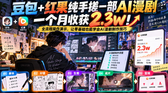 豆包+红果纯手搓一部AI漫剧一个月收获2.3w！全流程操作演示，让零基础也能学会AI漫剧制作技巧-heixxmi