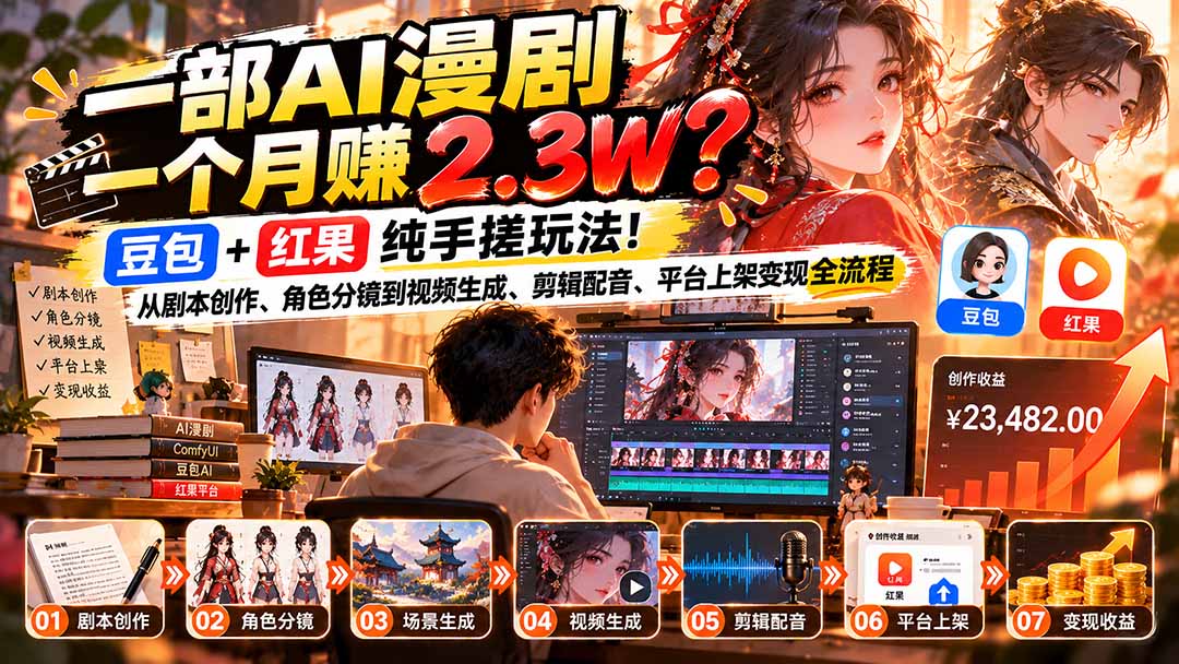 一部AI漫剧一个月赚2.3W？豆包+红果纯手搓玩法！从剧本创作、角色分镜到视频生成、剪辑配音、平台上架变现全流程-heixxmi