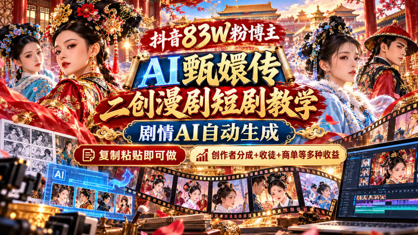 抖音83W粉博主AI甄嬛传二创漫剧短剧教学｜剧情AI自动生成，复制粘贴即可做，各大平台创作者分成+收徒等多种收益-heixxmi