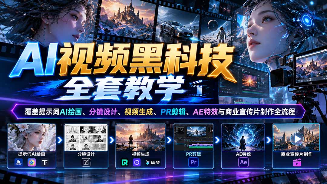 AI视频黑科技全套教学：覆盖提示词AI绘画、分镜设计、视频生成、PR剪辑、AE特效与商业宣传片制作全流程-heixxmi