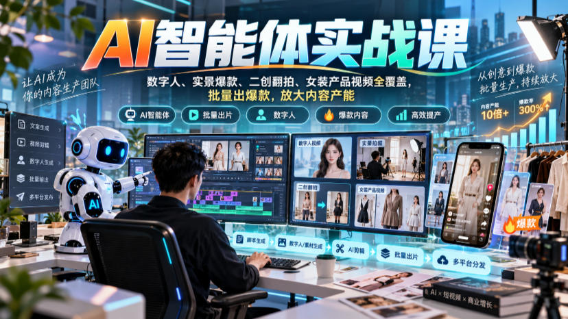 AI智能体实战课，数字人、实景爆款、二创翻拍、女装产品视频全覆盖，批量出爆款，放大内容产能-heixxmi