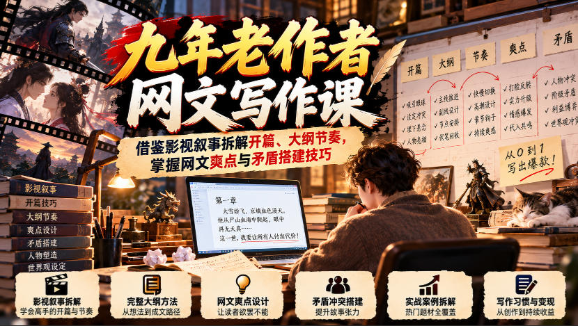 九年老作者网文写作课：借鉴影视叙事拆解开篇、大纲节奏，掌握网文爽点与矛盾搭建技巧-heixxmi