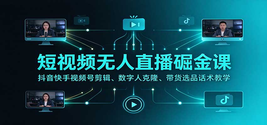 短视频无人直播掘金课：抖音快手视频号剪辑、数字人克隆、带货选品话术教学-heixxmi