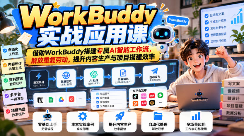 WorkBuddy实战应用课，借助WorkBuddy搭建专属AI智能工作流，解放重复劳动，提升内容生产与项目搭建效率-heixxmi