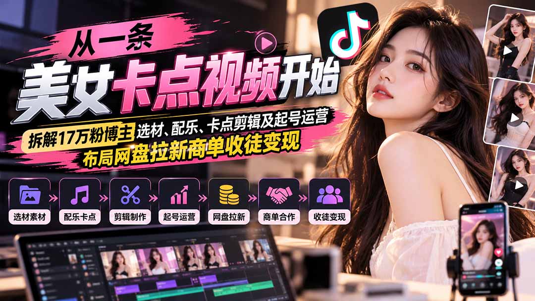 从一条美女卡点视频开始：拆解17万粉博主选材、配乐、卡点剪辑及起号运营，布局网盘拉新商单收徒变现-heixxmi