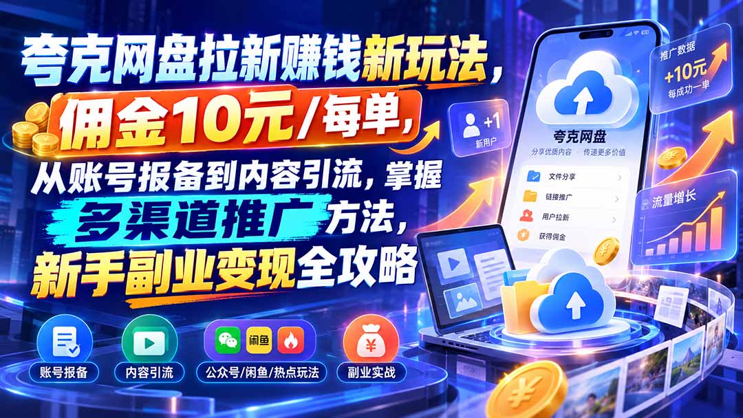 夸克网盘拉新赚钱新玩法，佣金10元/每单，从账号报备到内容引流，掌握多渠道推广方法，新手副业变现全攻略-heixxmi