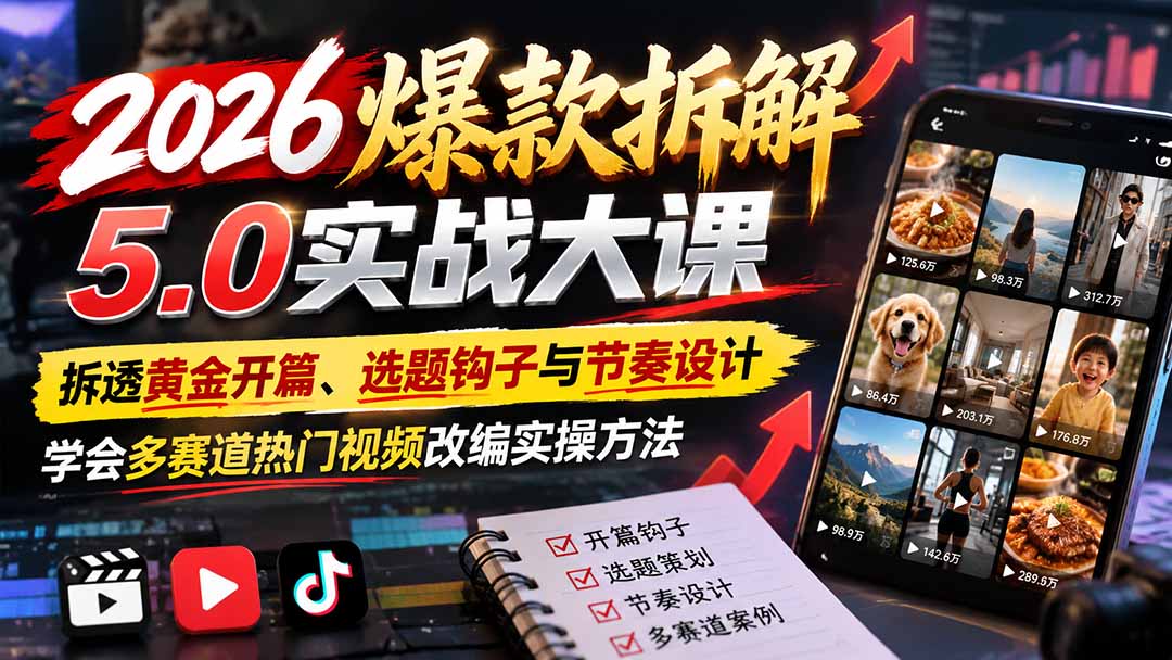 2026爆款拆解5.0实战大课：拆透黄金开篇、选题钩子与节奏设计，学会多赛道热门视频改编实操方法-heixxmi