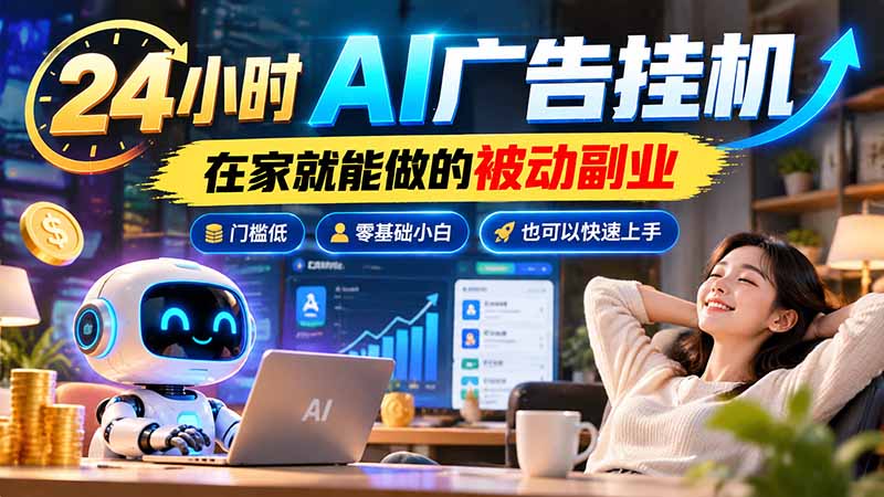 24小时AI广告挂机｜在家就能做的被动副业，门槛低，零基础小白也可以快速上手-heixxmi
