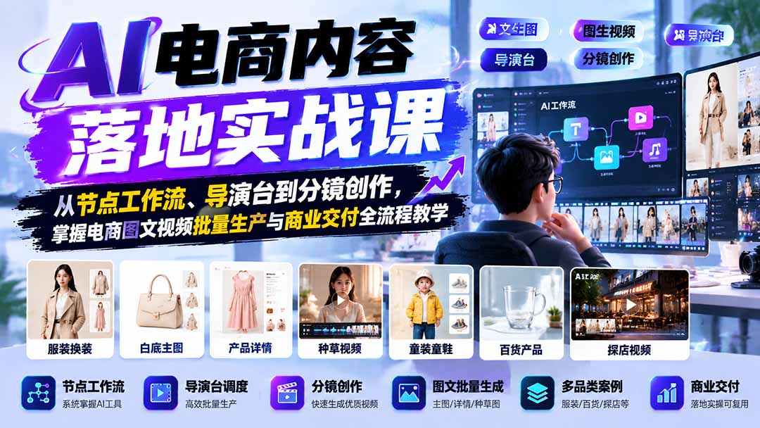AI电商内容落地实战课：从节点工作流、导演台到分镜创作，掌握电商图文视频批量生产与商业交付全流程教学-heixxmi